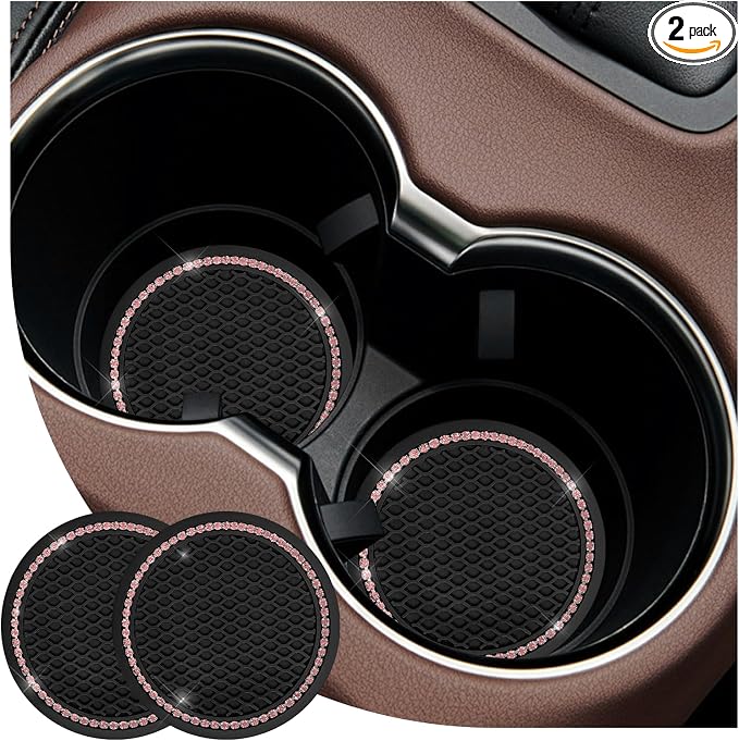 2PCS Bling Car Cup Coaster, 2.69 Inch Anti-Slip Auto Cup Holder Drink Mat w/Crystal Rhinestones, Universal Shiny Diamond Vehicle Insert Coasters Cups Mats for Women (Black & Pink)