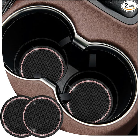 2PCS Bling Car Cup Coaster, 2.69 Inch Anti-Slip Auto Cup Holder Drink Mat w/Crystal Rhinestones, Universal Shiny Diamond Vehicle Insert Coasters Cups Mats for Women (Black & Pink)
