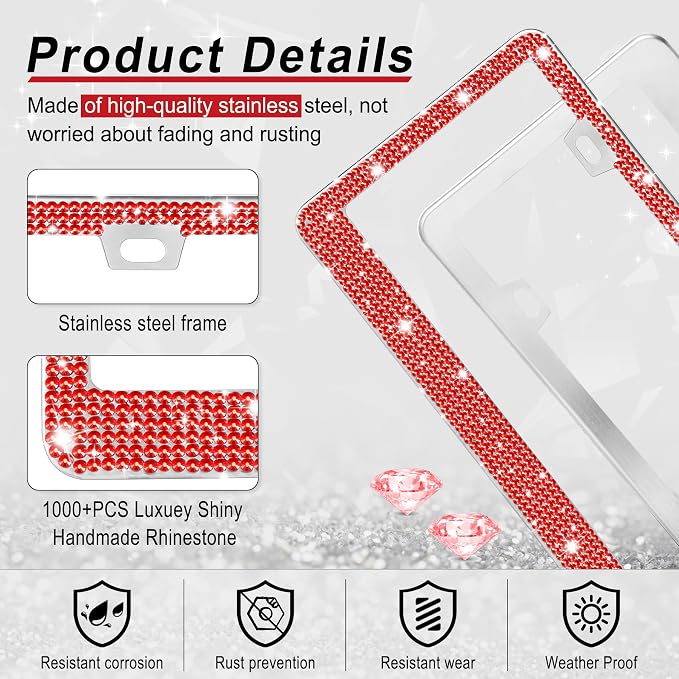 GaRhomxy Bling License Plate Frames for Women, 1 Pack Handcrafted Sparkly Rhinestone Car Accessories, Premium Stainless Steel Frame with 1000+ Faceted Glass Crystals & Free Glitter Caps (Red)