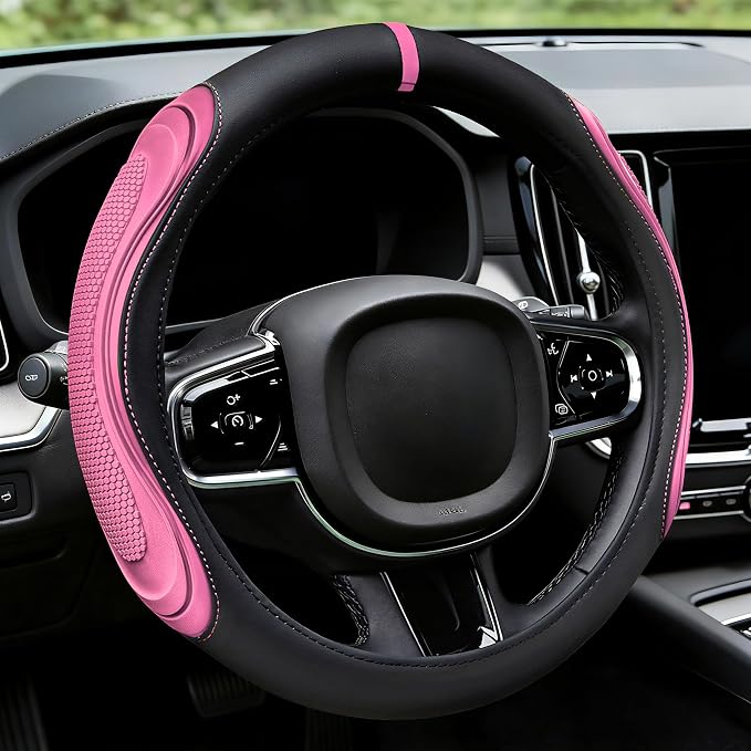 XCBYT Steering Wheel Cover - Pink Leather Steering Wheel Wrap Great Grip with 3D Honeycomb Quick and Effortless Installation Non-Slip Silicone Inner Ring for Women Man Universal Fit 14.5-15 Inch