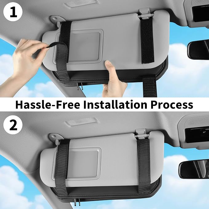 Car Sun Visor Organizer with Multi Pockets PU Leather Zipper Bag | Sunglass Holder with Elastic Straps and Glasses Clip Sunvisor Organizers Universal Fit for Trucks SUV Jeeps & Patrol Vehicles