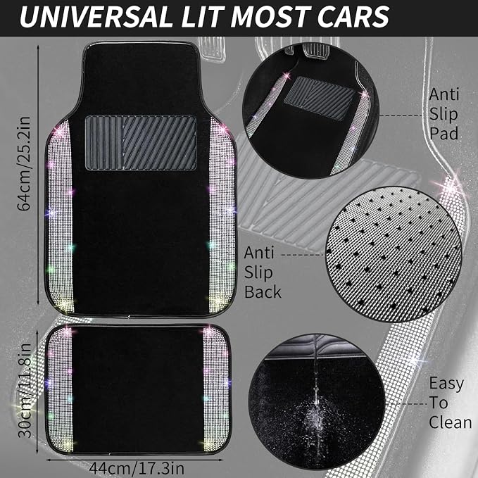 NBTEPEM Bling Car Floor Mats Full Set and Steering Wheel Cover, Universal Fit Most Cars, 4 pcs Sparkle Glitter Diamond Carpet, 5 pcs Bling Car Accessories Set for Women (Multicolor Diamond)
