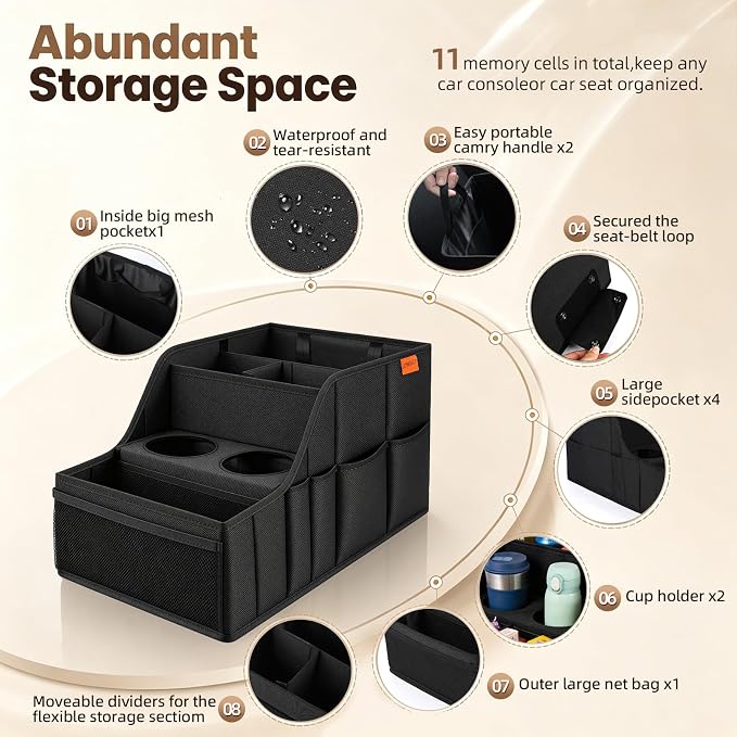 Car Seat Organizer Back Front Captains Seats Storage Travel | Car Organizer, Back Seat Car Organizer, Car Seat Organizer Front Seat – 9 Compartments, 2 Cup Holders – Foldable, Black
