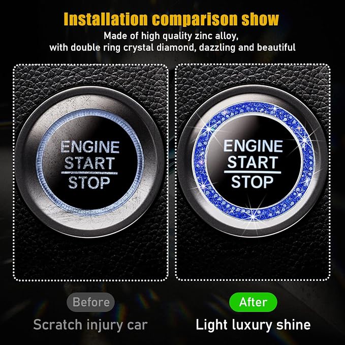 Kewucn Bling Crystal Double Rhinestone Car Engine Start Decoration Ring, Sparkling Push Start Button Sticker, Key Ignition & Knob Ring Decoration, Bling Car Interior Accessory(Dark Blue)