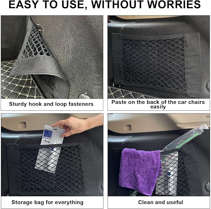 4PCS Universal Car Pouch Mesh Ceiling Netting Storage Black | Elastic Trunk Organize Bag, Auto Wall Sticker Net Pocket, Load Cargo Mesh Storages Holder