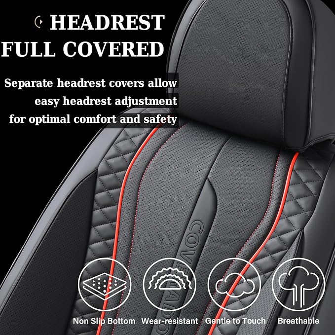 Coverado Car Seat Covers Full Set, Leather Seat Coversfor Cars, Front and Back Seat Covers, Waterproof Car Seat Protectors Car Seat Cushions Universal for Most Vehicles, Black&Redline