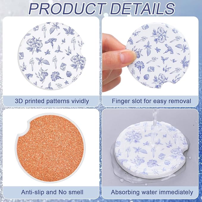 Boao 4 Pcs Vintage Blue Flower Car Cupholder Coasters for Valentine's Day, Ceramic Coasters 2.56'' Anti Slip Base with Finger Notch for Dry Clean, Car Interior Accessories, Birthday Gifts