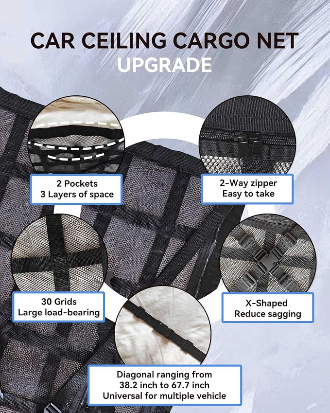 Car Ceiling Cargo Net with 2 Pockets - 35.4"x25.2" Cross-Strap Reinforced Double-Layer Mesh Organizer, Adjustable for SUVs - Road Trips, Camping, Commuting Storage Organization
