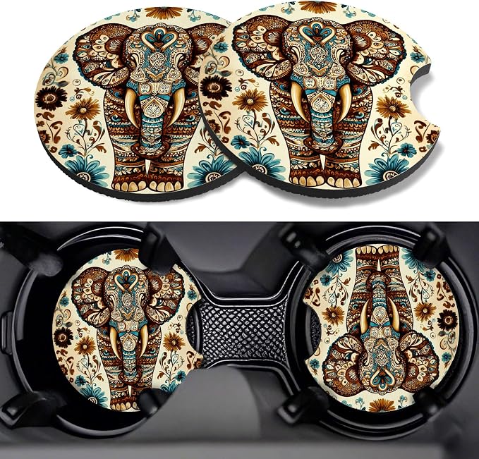 Car Cup Coasters,2 Pack Car Coaster,2.75inch Anti Slip and Absorbent Cars Coasters for Cup Holders,Neopren Accessories for Women,Cute Decor for Women (Elephant)