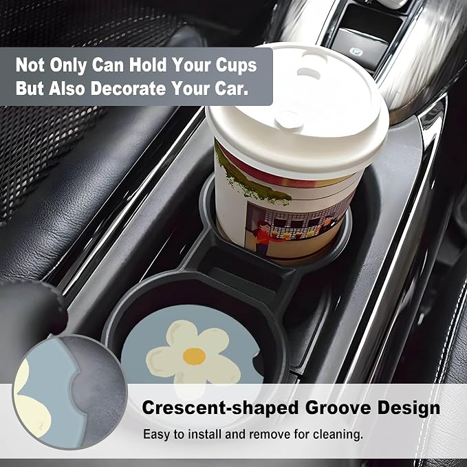 2 Pack Car Coasters for Cup Holders, 2.56" Universal Absorbent Ceramic Stone Car Cup Holder Coasters with Non-Slip Cork Base, Car Interior Accessories for Women Men(Blue White Flower)