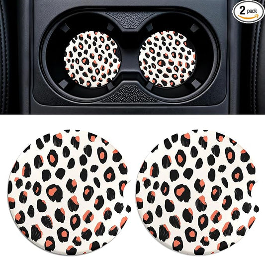 Car Cup Holder Ceramic Coasters 2 Pack, 2.56 in Anti Slip Absorbent Coaster with Cork Base and Finger Notch, Funny Cute Car Accessories Interior for Women, Orange Leopard Print