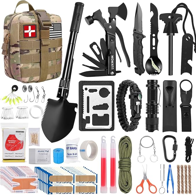 LUXMOM Survival Kit and First Aid Kit, 142Pcs Professional Survival Gear and Supplies Equipment with Molle Pouch, Gift for Fathers Day Men Dad Husband Camping Hiking Hunting Outdoor Adventure