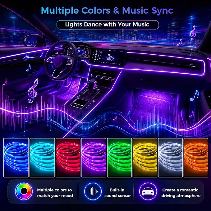 Interior Car LED Strip Lights with APP Control,10 in 1 RGB Multicolor with 315 inches Fiber Optic Ambient Lighting Kits,Car Neon LED Strip Lights with Music Sync Mode