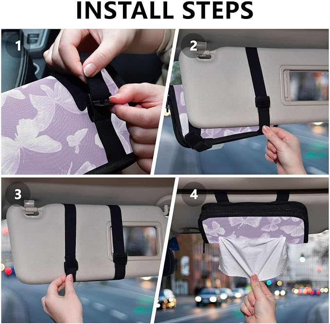 Purple White Butterfly Car Tissue Holder Durable Napkin Holder Hanging Tissue Holders Case Car Tissues Bag for Sun Visor Seat Back Universal Auto