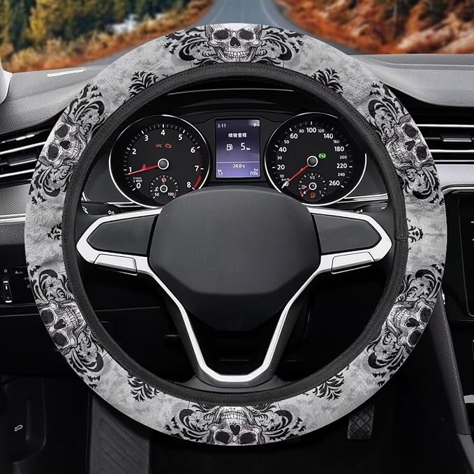 AFPANQZ Steering Wheel Protection for Automotive Steering Wheel Covers | Skull Floral Grey, 14-15 In, Sweat Absorption Comfort Grip for Driver Women Men