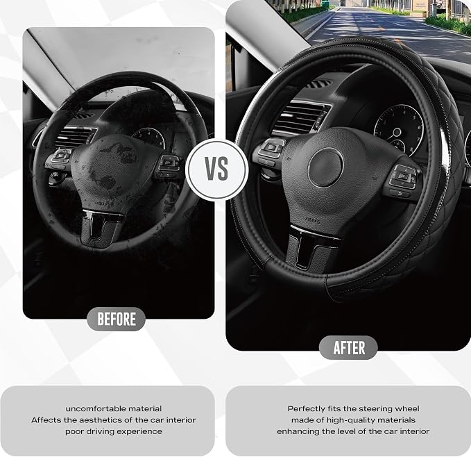 Road Comforts Leather Steering Wheel Cover – Black & Black, Universal Fit 14.5-15 Inch, Microfiber Leather, Anti-Slip & Breathable Design for Men and Women