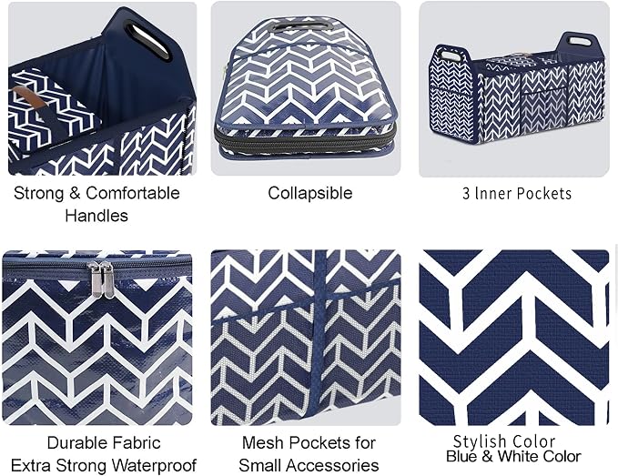 Orionstar Trunk Organizer, Foldable Car Storage Bag Insulation Cooler Bag | Collapsible Vehicle Organizer Divider Storage Totes with 3 Compartment Cargo Tote for SUV, Navy Blue