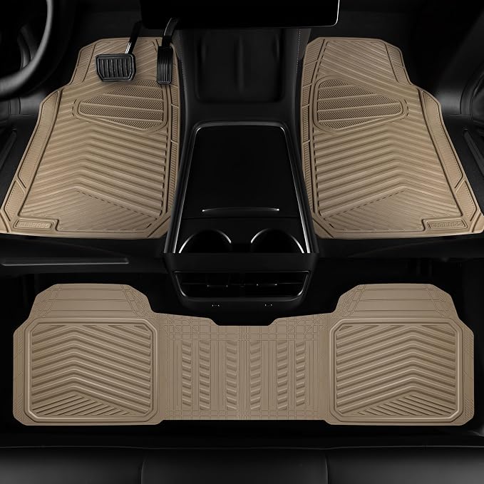 CAR PASS Rubber Car Mats, Waterproof Car Floor Mats All Weather Car Mat Full Set 3 Piece, Tan Automotive Floor Mat Trim to Fit for Cars Sedan SUVs Trucks, Anti-Slip Easy Clean, All Beige