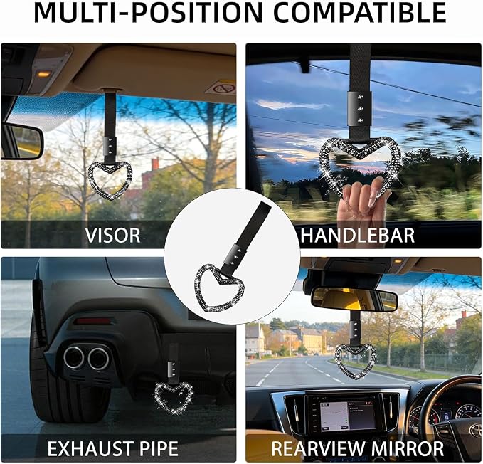 NBTEPEM Bling Heart Handle Ring Bling Car Accessories for Women Handle Strap Drift Charm Rear Bumper Warning Ring Tsurikawa Heart Decor for Car Interior Exterior Decoration (Black, Heart Style)