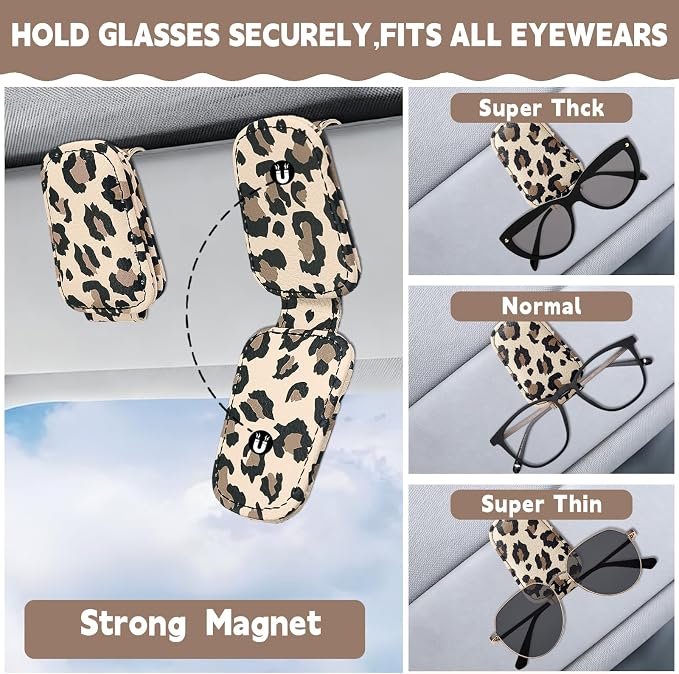 2 Pcs Sunglass Holder and 1Pcs Car Tissue Holder for Car,Magnetic Leather Sunglasses Holder Car Sun Visor Glasses Hanger Clip,Car Interior Accessories for Women(Light Brown Leopard Print)