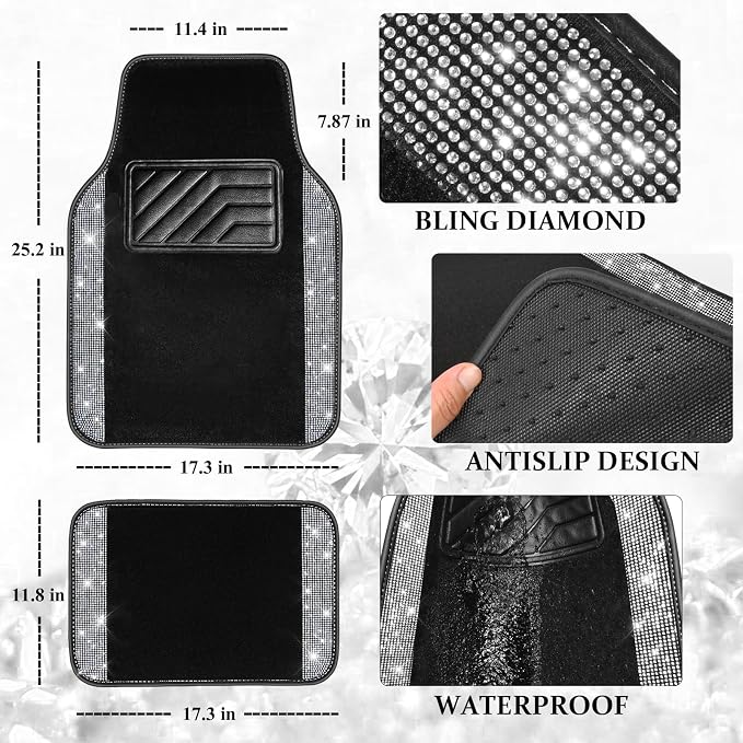 CAR PASS Bling Diamond Leather Steering Wheel Cover 14.5in-15in Floor Mats Shining Rhinestone Carpet Sparkly Glitter Crystal Anti-Slip Pad Fit Automotive SUV Pickup Truck Girl Women, 5pcs Black Sliver