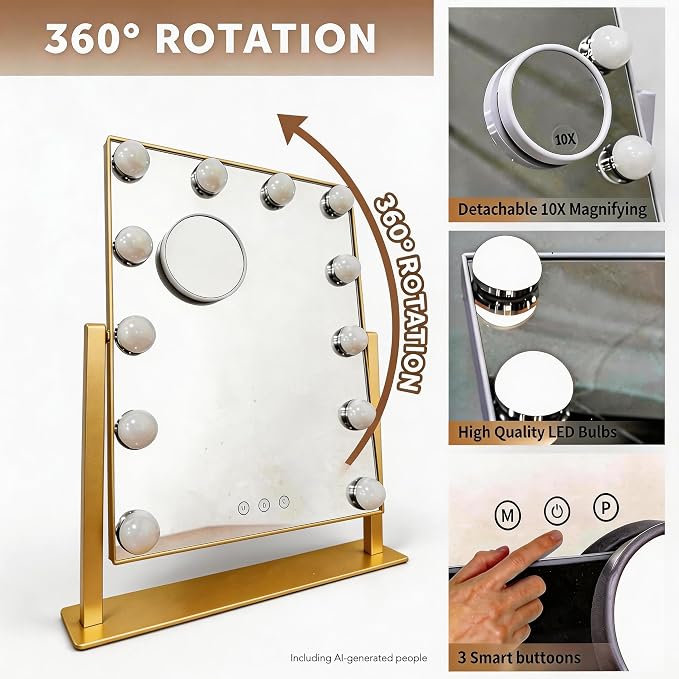 Makeup Vanity Mirror with LED Lights Makeup Mirror Detachable 10X Magnification, Hollywood Make Up Mirror with Lighting, Smart Touch, Rechargeable,360° Rotation, Gold 17.12"x13.77"
