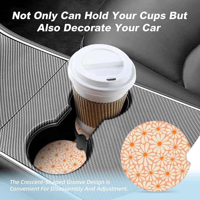 Orange Floral Car Coasters for Cup Holders,2 Pack Car Cup Holder Coasters for Car,Ceramic Absorbent Car Coaster with A Finger Notch and Cork Base,Car Interior Accessories for Women Men