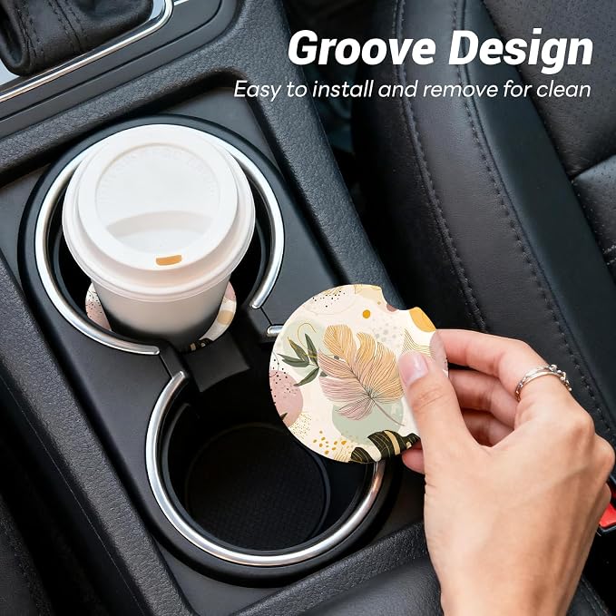 Car Cup Holder Ceramic Coasters 2 Pack, 2.56 in Anti Slip Absorbent Coaster with Cork Base and Finger Notch, Funny Cute Car Accessories Interior for Women, Boho Leaf