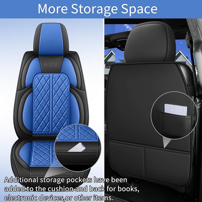 Car Seat Cover Custom Fit for Ford F150 2009-2026 Faux Leather Seat Cover Set Compatible with Regular Cab Super Cab Super Crew Pickup Truck Cushions (Black & Blue, Full Set)