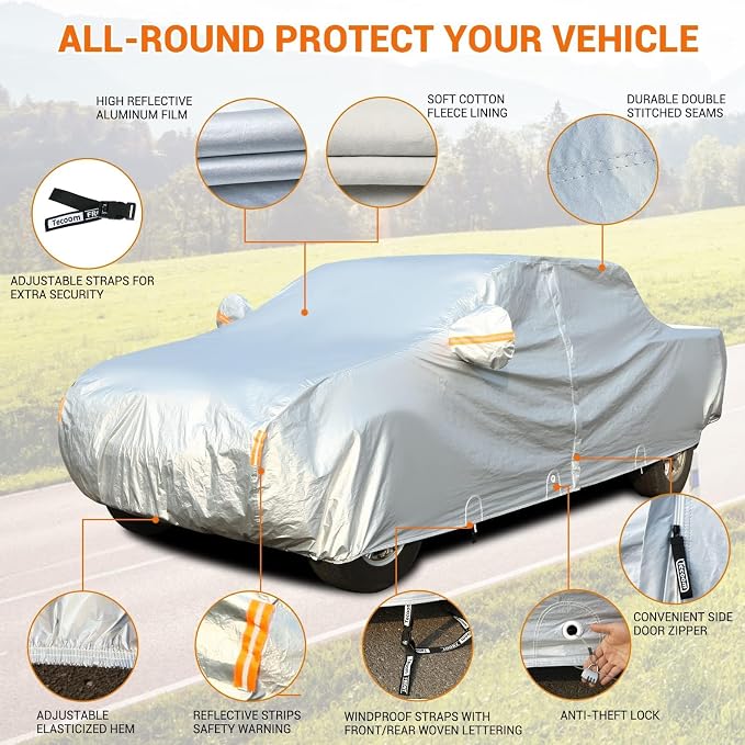 Tecoom Truck Car Cover Waterproof, 3-Layer Pickup Cover with Fleece Lining & Zipper Door/Lock, Outdoor Snow Rain All Weather Protection, Universal Fit Regular/Extended/SuperCrew Cab