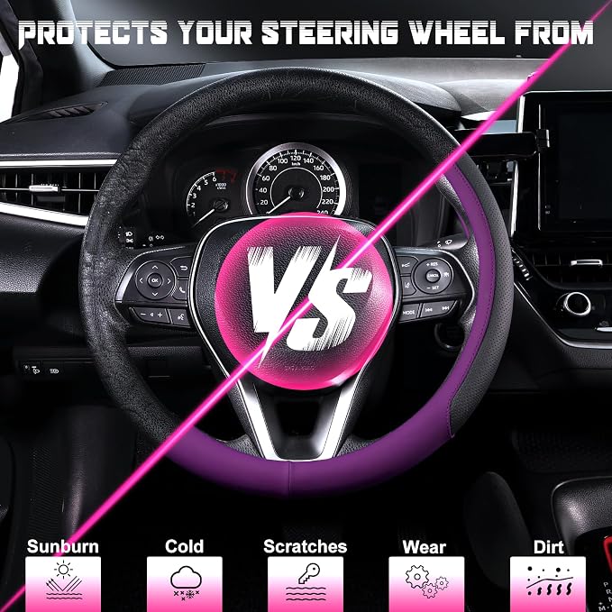 SEG Direct Steering Wheel Cover for 14.5-15 inch Wheels, Breathable PU Leather with Perforated Sides, Anti-Slip Grip, Universal Fit for Cars & SUVs, Black and Dawn Purple