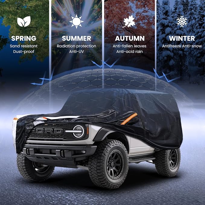 Multi-Layer Car Cover Custom Fit for Ford Bronco 2dr/Sport(2020-2026), 100% Waterproof All Weather for Automobiles, Gift with Towel, Heavy Duty Car Covers for Rain Sun UV Protection with Door Zipper