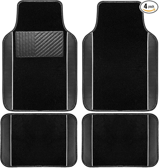 NBTEPEM Waterproof Universal Fit Car Floor Mats, Faux Leather Sporty Car Carpet Mats with Anti-Slip Nibbs Backing & Driver Heel Pad Fit for SUV, Vans, Sedans, Trucks, Set of 4 (Black with White line)