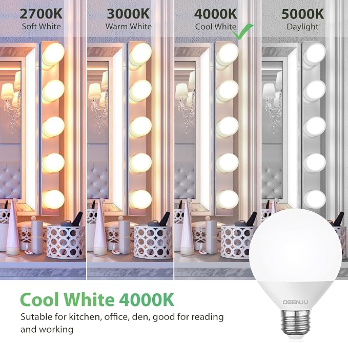 DEGNJU LED Vanity Light Bulbs, 60W Equivalent, Bathroom Light Bulbs 4000K Cool White, 800 Lumens, G25 Globe Bulb for Makeup Mirror, Round Shape, 7W, 120V, Non-Dimmable, 10 Pack