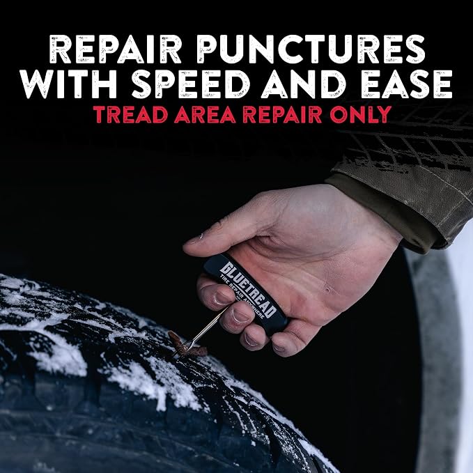 GlueTread On Road Heavy Duty Tire Plug Kit - Tire Repair Kit with Plugs - Made in USA CNC-Machined T-Handles, 10 Plugs, Pliers and Razor Blade - Flat Fix for Car, Truck and Motorcycle Tires