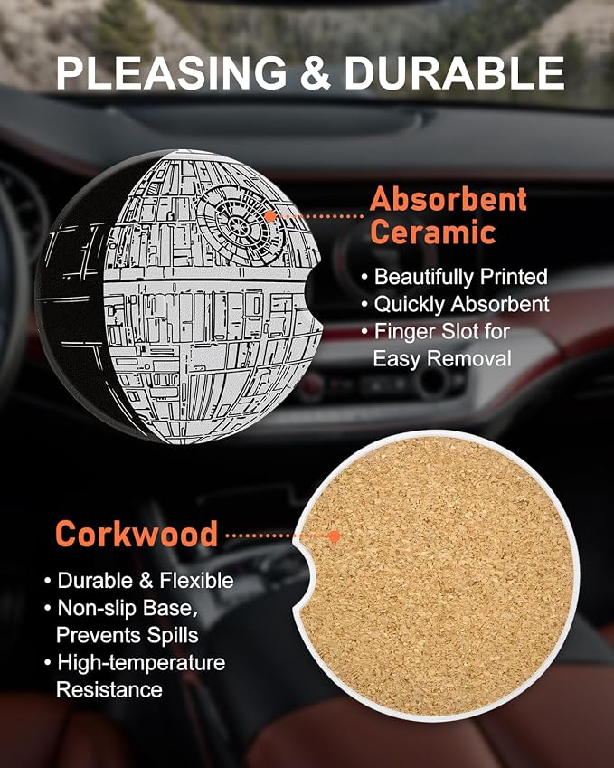 Swooflia Car Coasters for Men - Spaceship Ceramic Car Cupholder Coaster Cool Absorbent Mat Coaster with Cork Base 2 Pack Automotive Cup Holder Accessories New Driver Gifts