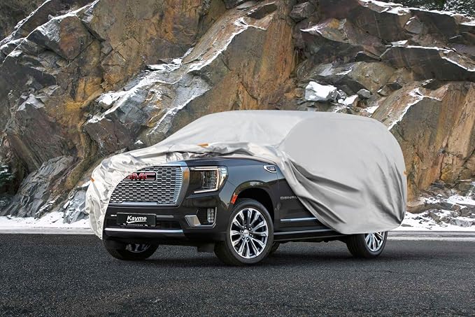 Kayme 6 Layers SUV Car Cover Custom Fit for GMC Yukon (1995-2025) Waterproof All Weather for Automobiles, Outdoor Full Cover Rain Sun UV Protection.Silver
