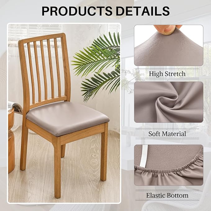 SearchI Waterproof PU Leather Seat Covers for Dining Chairs, 6 Pack Stretch Dining Room Chair Seat Covers, Kitchen Chair Seat Covers Protectors (Taupe)