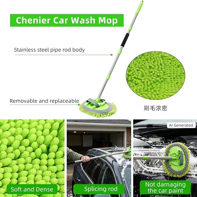 62" Car Wash Brush with Long Handle, Chenille Microfiber Car Wash Mop Mitt, Wheel Brush, Windshield Window Squeegee, Microfiber Towel, Gloves, Car Cleaning Brush Kit Supplies for Car,Truck,SUV,RV,Boat