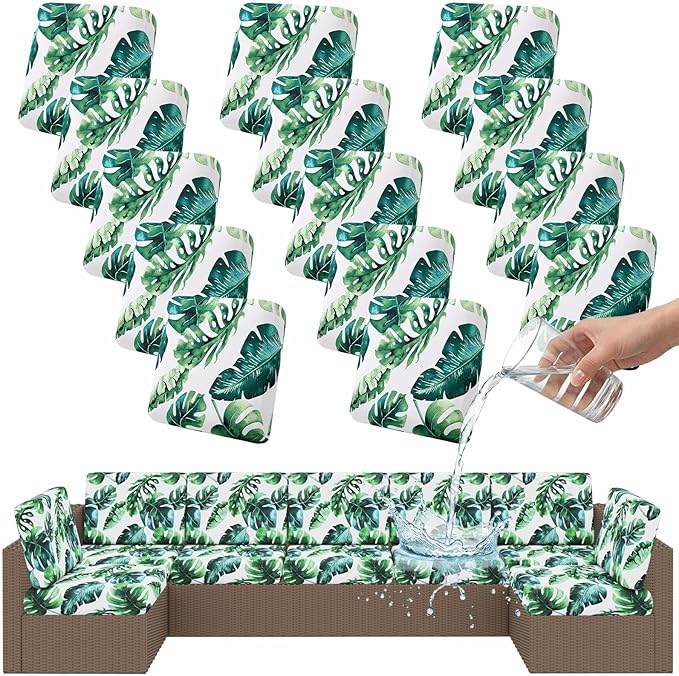 Smiry Waterproof Patio Cushion Covers, Stretch Outdoor Couch Slipcovers Replacement Washable Furniture Protector Sofa Chair Seat Cover for Dogs and Pets (14 Pcs, Green)