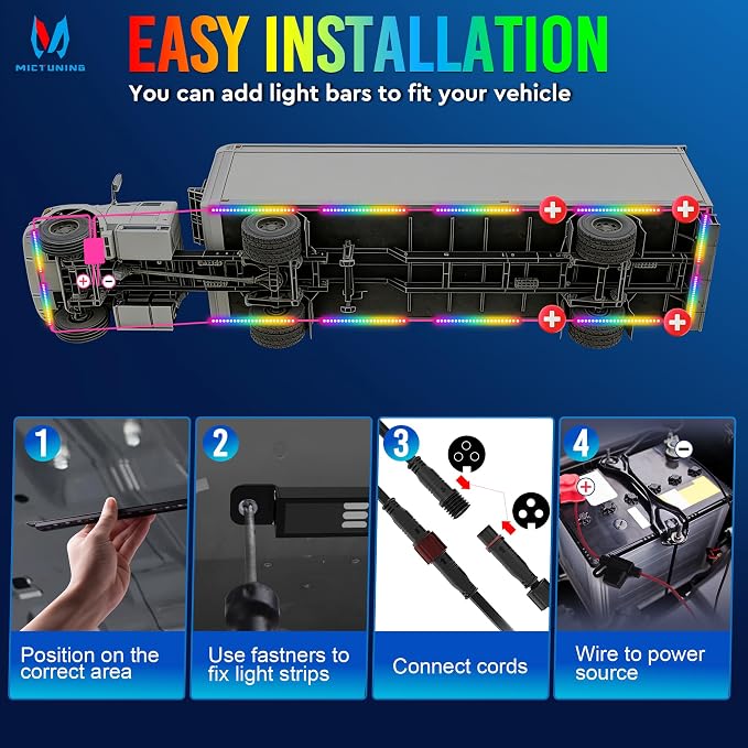MICTUNING N8 RGB+IC Aluminum LED Car Underglow Light Kit, Two LED Strip 18 Inch, Can be Expanded