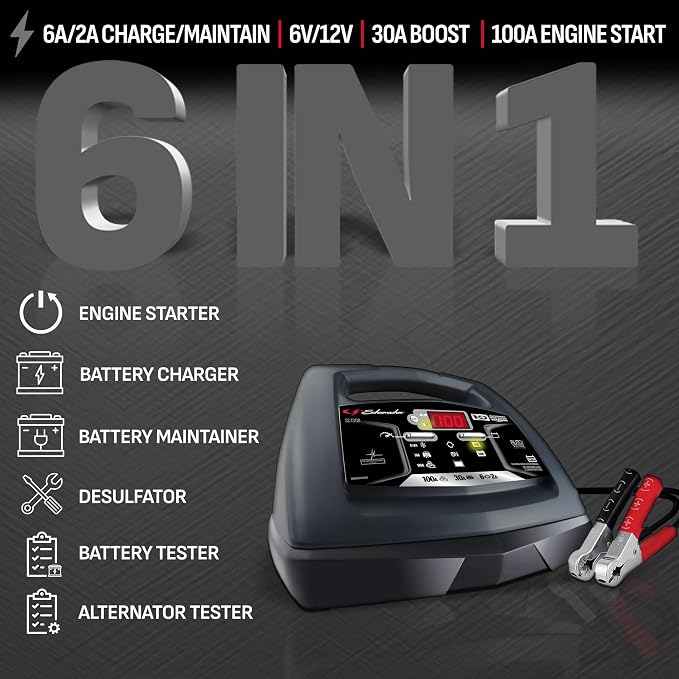 Schumacher Electric 6A Car Battery Charger and 100A Engine Starter, 6-in-1 Solution, Maintainer, 30A Boost, for 6V/12V Power Sport, Automotive, and Marine Batteries, SC1308