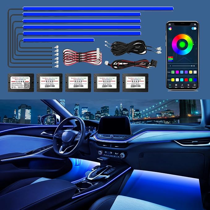 RGB Acrylic Ambient Lighting Car Lights, LED Strip Lights with APP Control, 593 LEDs Interior Car Lights, 6 in 1 Neon Car Ambient Neon Light Kits