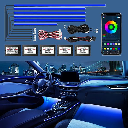 RGB Acrylic Ambient Lighting Car Lights, LED Strip Lights with APP Control, 593 LEDs Interior Car Lights, 6 in 1 Neon Car Ambient Neon Light Kits