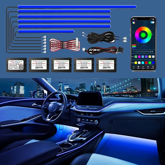 Acrylic Interior Car Lights - 6 in 1 LED Strip Lights with APP Control, 175 inches 593 LEDs Fiber Optic Lights, RGB Neon Car Ambient Lighting Kit