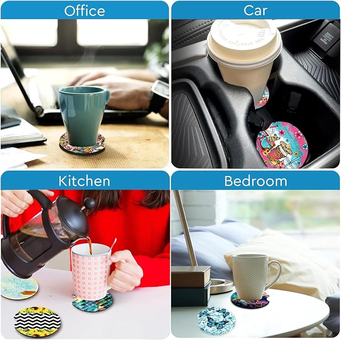Western Cow Car Cup Holder Coasters Set of 2 – Fun Sunflower Cow Car Accessories 2.75" Universal Size Anti Slip Rubber Mat Auto Insert Coasters Decor Southwestern Style Gifts for Women Men