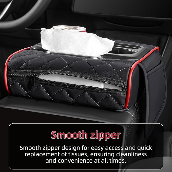 5 in 1 Nappa Leather Console Armrest Cover, Black Red Stitch | Built-in cup holder, tissue slot, phone holder & 2 storage pockets, practical car accessories fit SUV sedan truck
