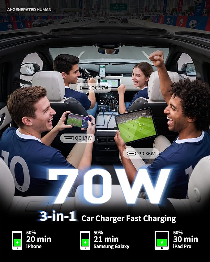 iPhone 17 16 15 Pro Car Charger, 70W 3-Port Car Charger USB C Fast Charge | Cigarette Lighter Adapter, with 3FT Type C Cable, for iPhone 17/17 Pro Max/Air/17e/16/15 Pro Max/iPad,Cars Travel Accessories