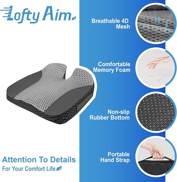 Lofty Aim Car Seat Cushion for Driving, Memory Foam Driver Seat Cushion | Car Seat Cushion for Long Driving Comfort, Driver Seat Pillow Adds Height and Support for Cars, Office Chairs, Black & Gray