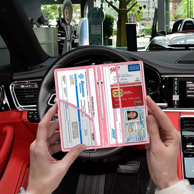 TOURSUIT Car Registration and Insurance Card Holder, Glitter Pink | Vehicle License Document Organizer, Glove Box Compartment, Interior Car Accessories, For Women Men